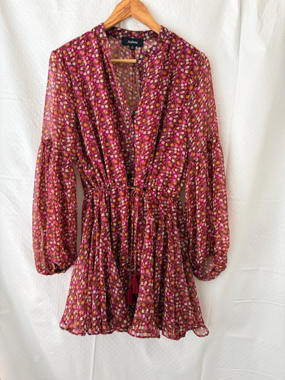 Aakaa Maroon Floral Tie-Waist Mini Dress with Pink & Orange Blooms